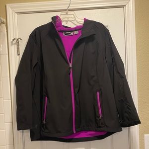 Black and purple hooded rainproof jacket. Size 3X